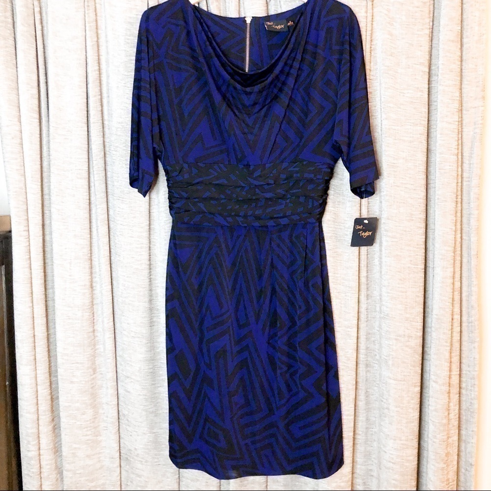 NWT Just Taylor Blue & Black Geometric Print Gold Zipper Back Dress Size 8